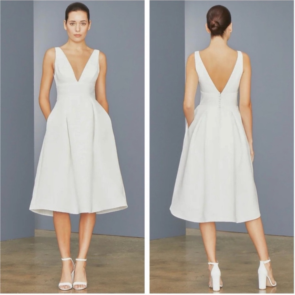 Amsale Faille Deep V-Neck Dress White New Size 12
